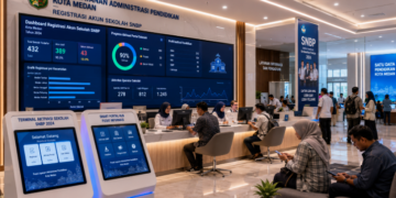 Dashboard interaktif Registrasi Akun Sekolah SNBP yang menampilkan alur aktivasi akun lembaga real-time untuk mendukung efisiensi pendaftaran kota Medan.