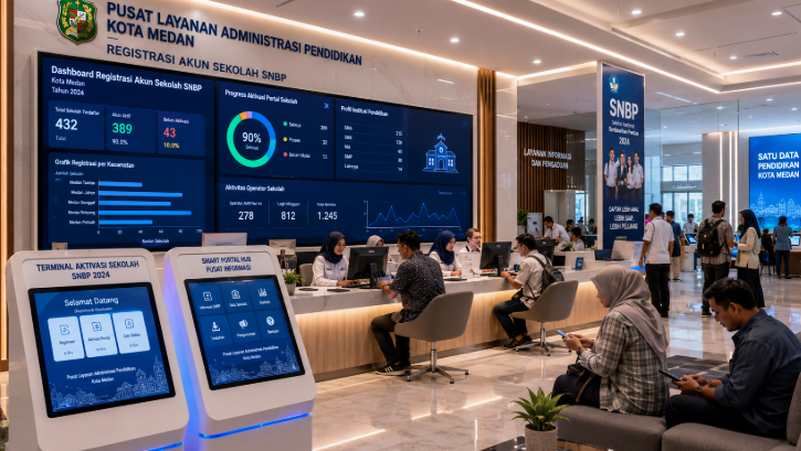 Dashboard interaktif Registrasi Akun Sekolah SNBP yang menampilkan alur aktivasi akun lembaga real-time untuk mendukung efisiensi pendaftaran kota Medan.