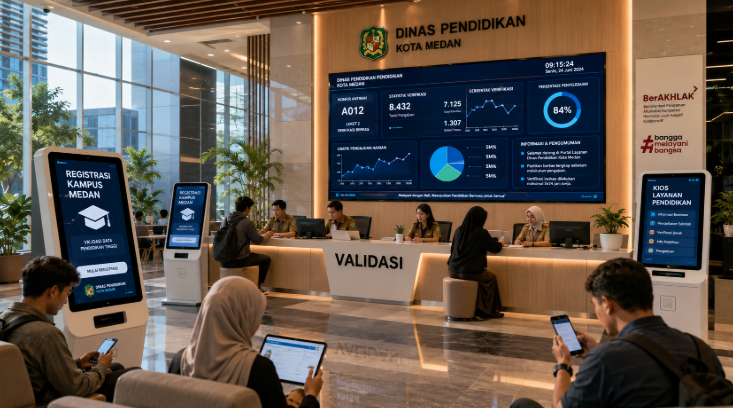 Dashboard interaktif Registrasi Kampus Medan yang menampilkan alur agenda validasi real-time untuk mendukung efisiensi pendaftaran kota Medan.