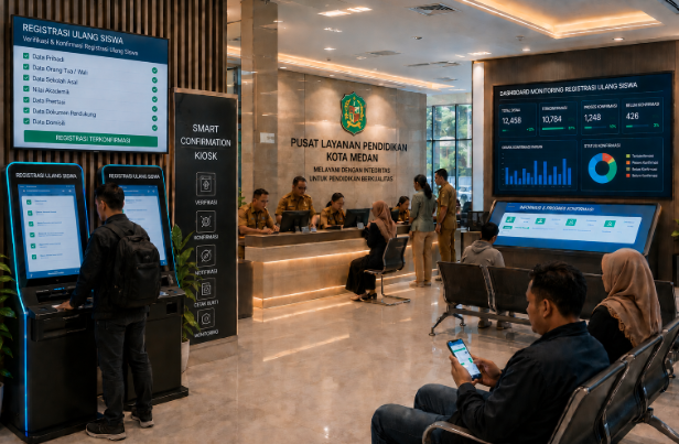 Dashboard interaktif Registrasi Ulang Siswa yang menampilkan alur konfirmasi final real-time untuk mendukung efisiensi pendaftaran kota Medan.