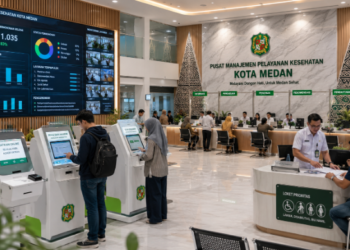 Dashboard interaktif Regulasi Kesehatan Medan yang menampilkan sistem pemantauan data pelayanan real-time untuk mendukung efisiensi kesehatan kota Medan