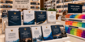 Jajaran tempat buku panduan rencana pengembangan kompetensi ASN bahan premium untuk usaha peningkatan keahlian tugas pegawai dan alat pusat instrumen bangkom Medan heavy duty minimalis berbagai folder diklat pegawai yang tersusun sangat rapi di dalam etalase toko perlengkapan kantor