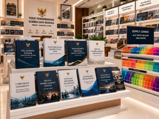 Jajaran tempat buku panduan rencana pengembangan kompetensi ASN bahan premium untuk usaha peningkatan keahlian tugas pegawai dan alat pusat instrumen bangkom Medan heavy duty minimalis berbagai folder diklat pegawai yang tersusun sangat rapi di dalam etalase toko perlengkapan kantor