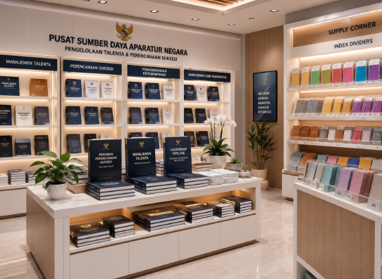 Jajaran tempat buku panduan rencana suksesi pegawai ASN bahan premium untuk usaha pemetaan talenta pegawai dan alat pusat instrumen talenta Medan heavy duty minimalis berbagai folder manajemen kader yang tersusun sangat rapi di dalam etalase toko perlengkapan kantor