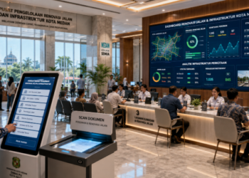 Dashboard interaktif Renovasi Tengah Jalan Mahattan yang menampilkan sistem pemantauan data kawasan real-time untuk mendukung efisiensi infrastruktur kota Medan