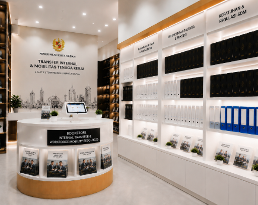 Jajaran tempat buku panduan rotasi jabatan ASN Pemkot Medan Tepat bahan premium untuk usaha pembuatan rencana rotasi posisi pegawai dan alat pusat instrumen mobilitas internal Medan heavy duty minimalis berbagai folder lembar formasi yang tersusun sangat rapi di dalam etalase toko perlengkapan kantor