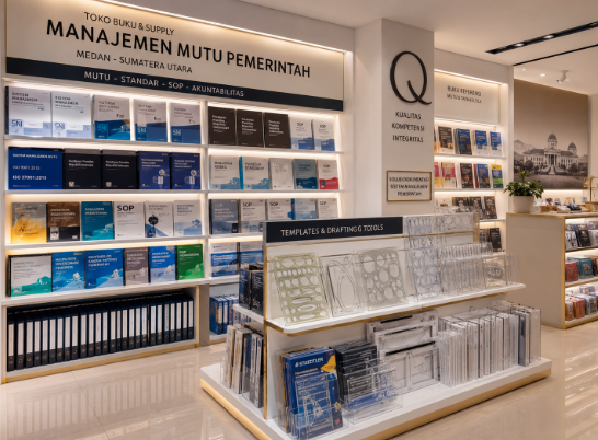 Jajaran tempat buku panduan SOP administrasi pemerintahan ASN bahan premium untuk usaha standarisasi langkah kerja pegawai dan alat pusat instrumen prosedur Medan heavy duty minimalis berbagai folder alir yang tersusun sangat rapi di dalam etalase toko perlengkapan kantor