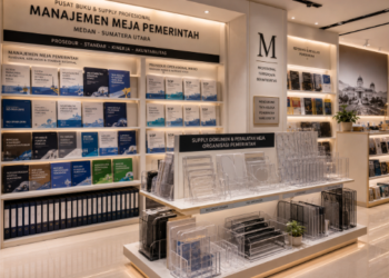 Jajaran tempat buku panduan SOP mikro ASN Medan bahan premium untuk usaha penyusunan instruksi kerja pegawai dan alat pusat instrumen mikro Medan heavy duty minimalis berbagai folder panduan teknis yang tersusun sangat rapi di dalam etalase toko perlengkapan kantor