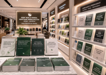 Jajaran tempat buku panduan sandang mandiri ASN Pemkot Medan Sederhana bahan premium untuk usaha pembuatan rencana clearance tekstil pegawai dan alat pusat instrumen clearance tekstil Medan heavy duty minimalis berbagai folder lembar jaminan yang tersusun sangat rapi di dalam etalase toko perlengkapan kantor