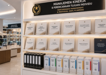 Jajaran tempat buku panduan sasaran kinerja pegawai ASN bahan premium untuk usaha penyusunan target kerja pegawai dan alat pusat instrumen skp Medan heavy duty minimalis berbagai folder matriks peran yang tersusun sangat rapi di dalam etalase toko perlengkapan kantor