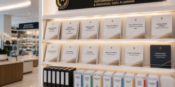 Jajaran tempat buku panduan sasaran kinerja pegawai ASN bahan premium untuk usaha penyusunan target kerja pegawai dan alat pusat instrumen skp Medan heavy duty minimalis berbagai folder matriks peran yang tersusun sangat rapi di dalam etalase toko perlengkapan kantor