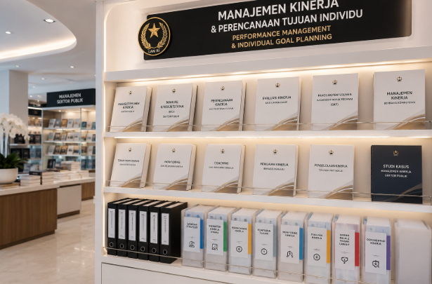 Jajaran tempat buku panduan sasaran kinerja pegawai ASN bahan premium untuk usaha penyusunan target kerja pegawai dan alat pusat instrumen skp Medan heavy duty minimalis berbagai folder matriks peran yang tersusun sangat rapi di dalam etalase toko perlengkapan kantor