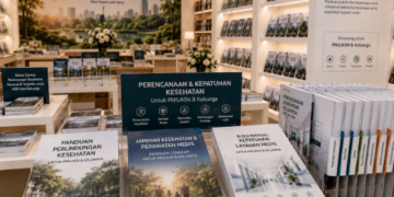 Jajaran tempat buku panduan sehat mandiri ASN Pemkot Medan Tangguh bahan premium untuk usaha pembuatan rencana clearance medis pegawai dan alat pusat instrumen clearance medis Medan heavy duty minimalis berbagai folder lembar jaminan yang tersusun sangat rapi di dalam etalase toko perlengkapan kantor