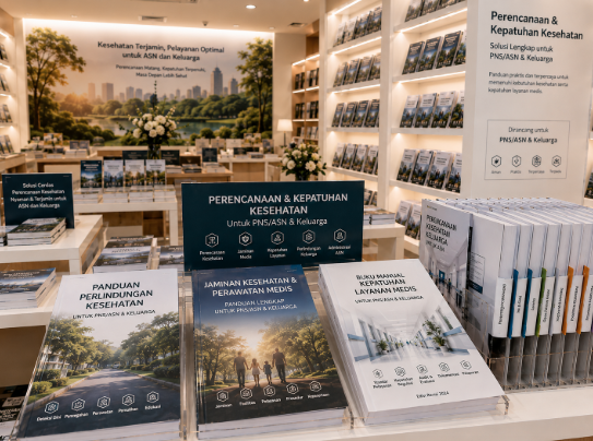 Jajaran tempat buku panduan sehat mandiri ASN Pemkot Medan Tangguh bahan premium untuk usaha pembuatan rencana clearance medis pegawai dan alat pusat instrumen clearance medis Medan heavy duty minimalis berbagai folder lembar jaminan yang tersusun sangat rapi di dalam etalase toko perlengkapan kantor