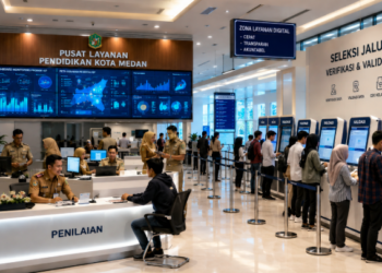 Dashboard interaktif Seleksi Jalur KIP yang menampilkan alur penilaian bantuan real-time untuk mendukung efisiensi pendaftaran kota Medan.