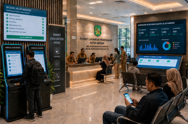 Dashboard interaktif Seleksi Jalur Mandiri yang menampilkan alur penilaian mandiri real-time untuk mendukung efisiensi pendaftaran kota Medan.
