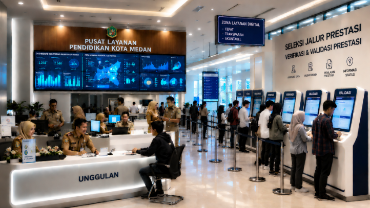 Dashboard interaktif Seleksi Jalur Prestasi yang menampilkan alur verifikasi unggulan real-time untuk mendukung efisiensi pendaftaran kota Medan.