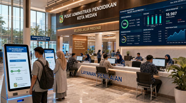 Dashboard interaktif Seleksi Jalur Prestasi yang menampilkan alur penilaian bakat real-time untuk mendukung efisiensi pendaftaran kota Medan.