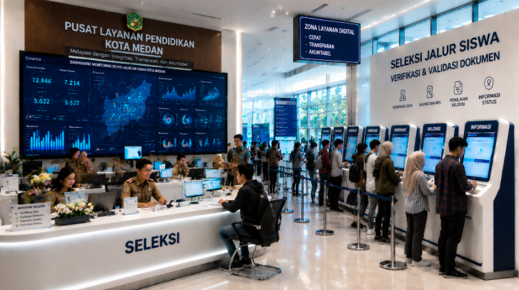 Dashboard interaktif Seleksi Jalur Siswa yang menampilkan alur verifikasi akademik real-time untuk mendukung efisiensi pendaftaran kota Medan.