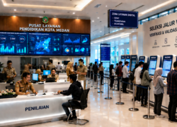 Dashboard interaktif Seleksi Jalur Vokasi yang menampilkan alur penilaian keahlian real-time untuk mendukung efisiensi pendaftaran kota Medan.