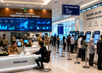 Dashboard interaktif Seleksi Jalur Zonasi yang menampilkan alur penilaian wilayah real-time untuk mendukung efisiensi pendaftaran kota Medan.
