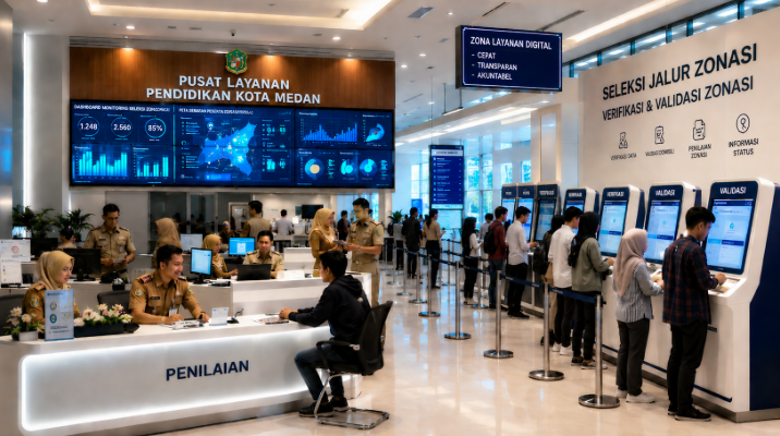 Dashboard interaktif Seleksi Jalur Zonasi yang menampilkan alur penilaian wilayah real-time untuk mendukung efisiensi pendaftaran kota Medan.
