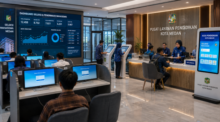 Dashboard interaktif Seleksi Mahasiswa Medan yang menampilkan alur agenda ujian real-time untuk mendukung efisiensi pendaftaran kota Medan.