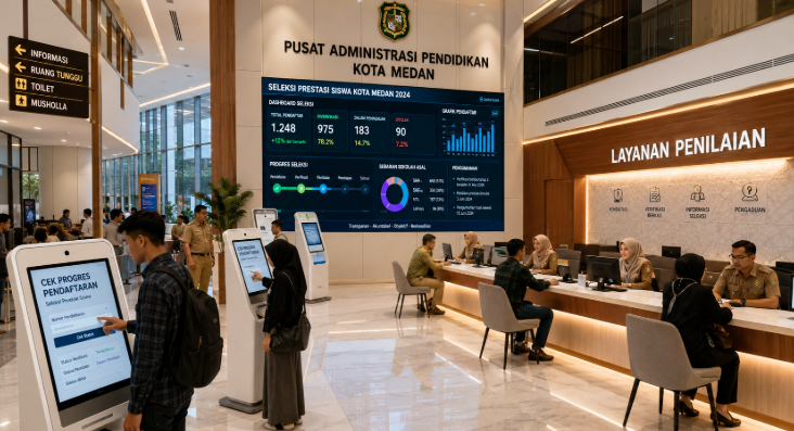 Dashboard interaktif Seleksi Prestasi Siswa yang menampilkan alur penilaian bakat real-time untuk mendukung efisiensi pendaftaran kota Medan.