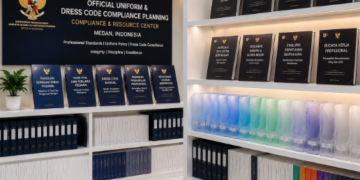 Jajaran tempat buku panduan seragam dinas ASN Pemkot Medan Keren bahan premium untuk usaha pembuatan rencana pakaian dinas pegawai dan alat pusat instrumen atribut pegawai Medan heavy duty minimalis berbagai folder lembar standardisasi yang tersusun sangat rapi di dalam etalase toko perlengkapan kantor