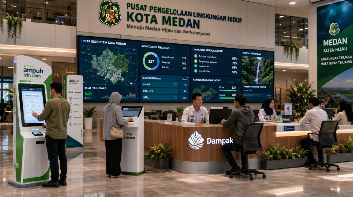 Dashboard interaktif Sistem Ampuh Izin Alam yang menampilkan sistem pemantauan data ekosistem real-time untuk mendukung efisiensi lingkungan kota Medan