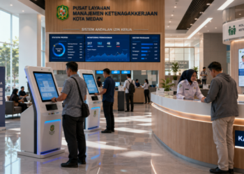 Dashboard interaktif Sistem Andalan Izin Kerja yang menampilkan sistem pemantauan data profesi real-time untuk mendukung efisiensi ketenagakerjaan kota Medan