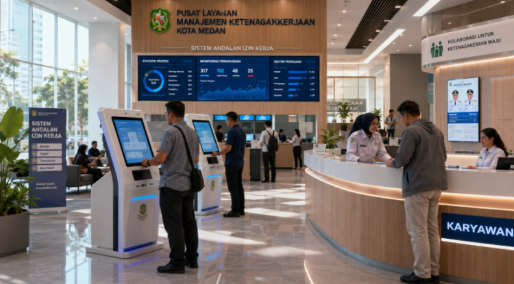 Dashboard interaktif Sistem Andalan Izin Kerja yang menampilkan sistem pemantauan data profesi real-time untuk mendukung efisiensi ketenagakerjaan kota Medan
