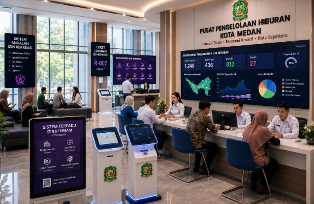 Dashboard interaktif Sistem Andalan Izin Rekreasi yang menampilkan sistem pemantauan data operasional real-time untuk mendukung efisiensi hiburan kota Medan