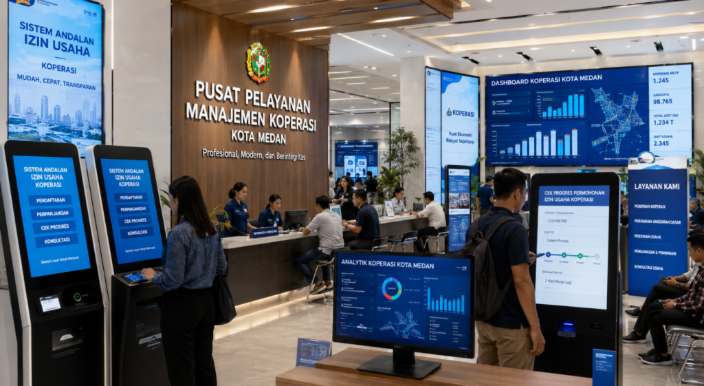Dashboard interaktif Sistem Andalan Izin Usaha yang menampilkan sistem pemantauan data koperasi real-time untuk mendukung efisiensi badan usaha kota Medan.