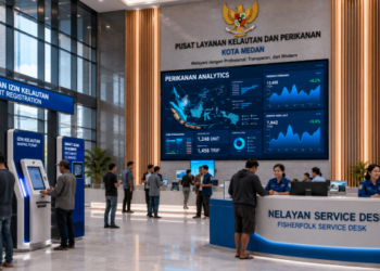 Dashboard interaktif Sistem Baru Izin Kelautan yang menampilkan sistem pemantauan data nelayan real-time untuk mendukung efisiensi kelautan kota Medan