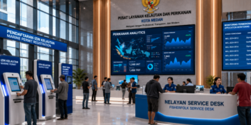 Dashboard interaktif Sistem Baru Izin Kelautan yang menampilkan sistem pemantauan data nelayan real-time untuk mendukung efisiensi kelautan kota Medan