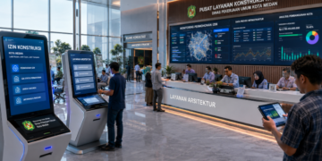 Dashboard interaktif Sistem Baru Izin Konstruksi yang menampilkan sistem pemantauan data infrastruktur real-time untuk mendukung efisiensi konstruksi kota Medan