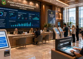 Dashboard interaktif Sistem Baru Izin Perpustakaan yang menampilkan sistem pemantauan data koleksi real-time untuk mendukung efisiensi perpustakaan kota Medan