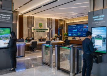 Dashboard interaktif Sistem Canggih Izin Investasi yang menampilkan sistem pemantauan data modal real-time untuk mendukung efisiensi investasi kota Medan