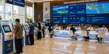 Dashboard interaktif Sistem Canggih Izin Kelautan yang menampilkan sistem pemantauan data bahari real-time untuk mendukung efisiensi kelautan kota Medan
