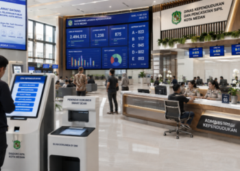 Dashboard interaktif Sistem Canggih Izin Kependudukan yang menampilkan sistem pemantauan data administrasi real-time untuk mendukung efisiensi kependudukan kota Medan