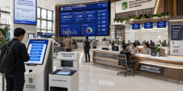 Dashboard interaktif Sistem Canggih Izin Kependudukan yang menampilkan sistem pemantauan data administrasi real-time untuk mendukung efisiensi kependudukan kota Medan