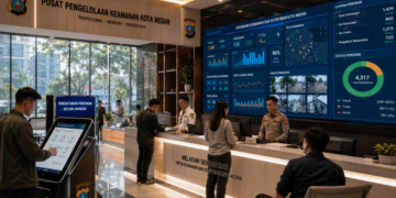 Dashboard interaktif Sistem Canggih Izin Ketertiban yang menampilkan sistem pemantauan data keamanan real-time untuk mendukung efisiensi ketertiban kota Medan