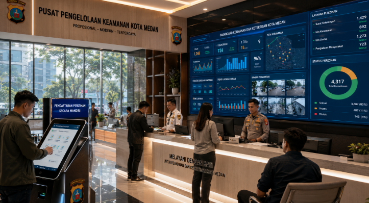 Dashboard interaktif Sistem Canggih Izin Ketertiban yang menampilkan sistem pemantauan data keamanan real-time untuk mendukung efisiensi ketertiban kota Medan