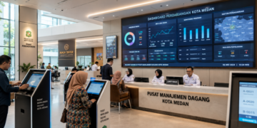 Dashboard interaktif Sistem Canggih Izin Perdagangan yang menampilkan sistem pemantauan data niaga real-time untuk mendukung efisiensi perdagangan kota Medan