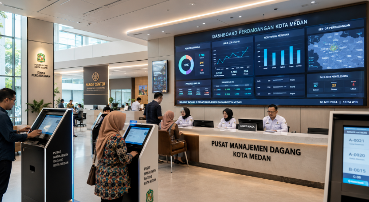 Dashboard interaktif Sistem Canggih Izin Perdagangan yang menampilkan sistem pemantauan data niaga real-time untuk mendukung efisiensi perdagangan kota Medan