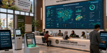 Dashboard interaktif Sistem Canggih Izin Pertanian yang menampilkan sistem pemantauan data pangan real-time untuk mendukung efisiensi pertanian kota Medan