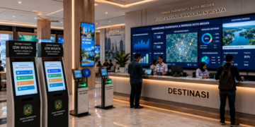 Dashboard interaktif Sistem Canggih Izin Wisata yang menampilkan sistem pemantauan data rekreasi real-time untuk mendukung efisiensi pariwisata kota Medan
