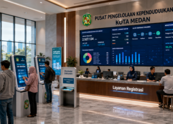 Dashboard interaktif Sistem Cepat Izin Identitas yang menampilkan sistem pemantauan data kependudukan real-time untuk mendukung efisiensi registrasi kota Medan.