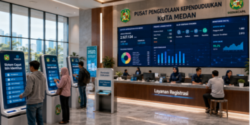Dashboard interaktif Sistem Cepat Izin Identitas yang menampilkan sistem pemantauan data kependudukan real-time untuk mendukung efisiensi registrasi kota Medan.